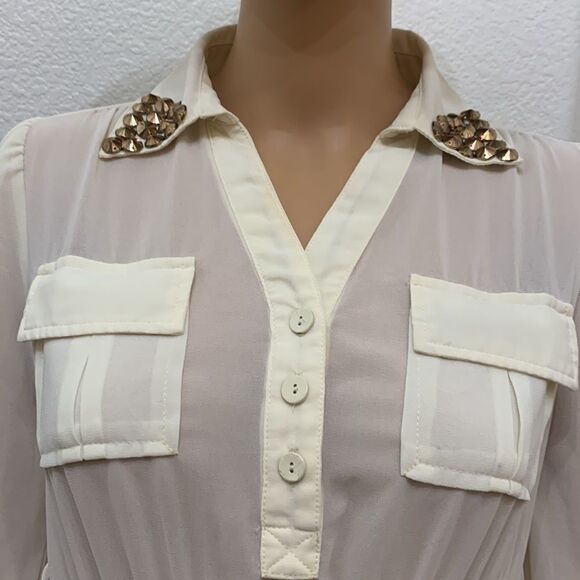 Agaci Gold Studded Collar Sheer Cream Color Front Button Pocket Roll Sleeve - Picture 3 of 9